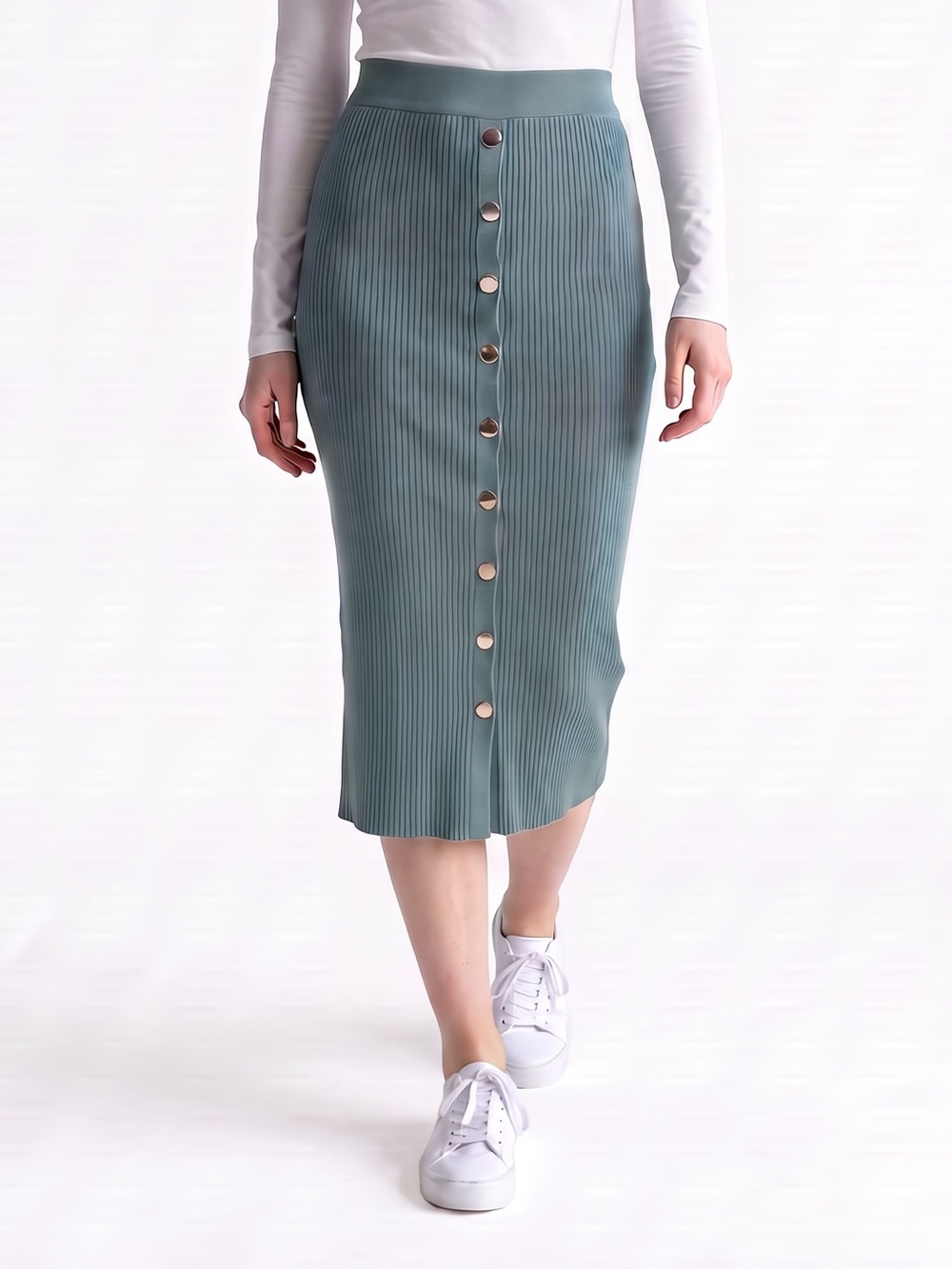 Fashion Nova Sage Green Ribbed Button-Front Midi Skirt
